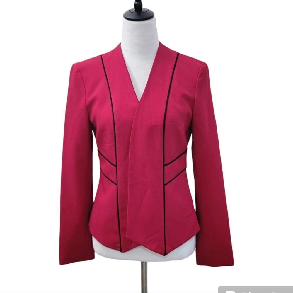 Black Label by Evan Picone Women Red Asymmetrical Hem Open Front Blazer Size 4